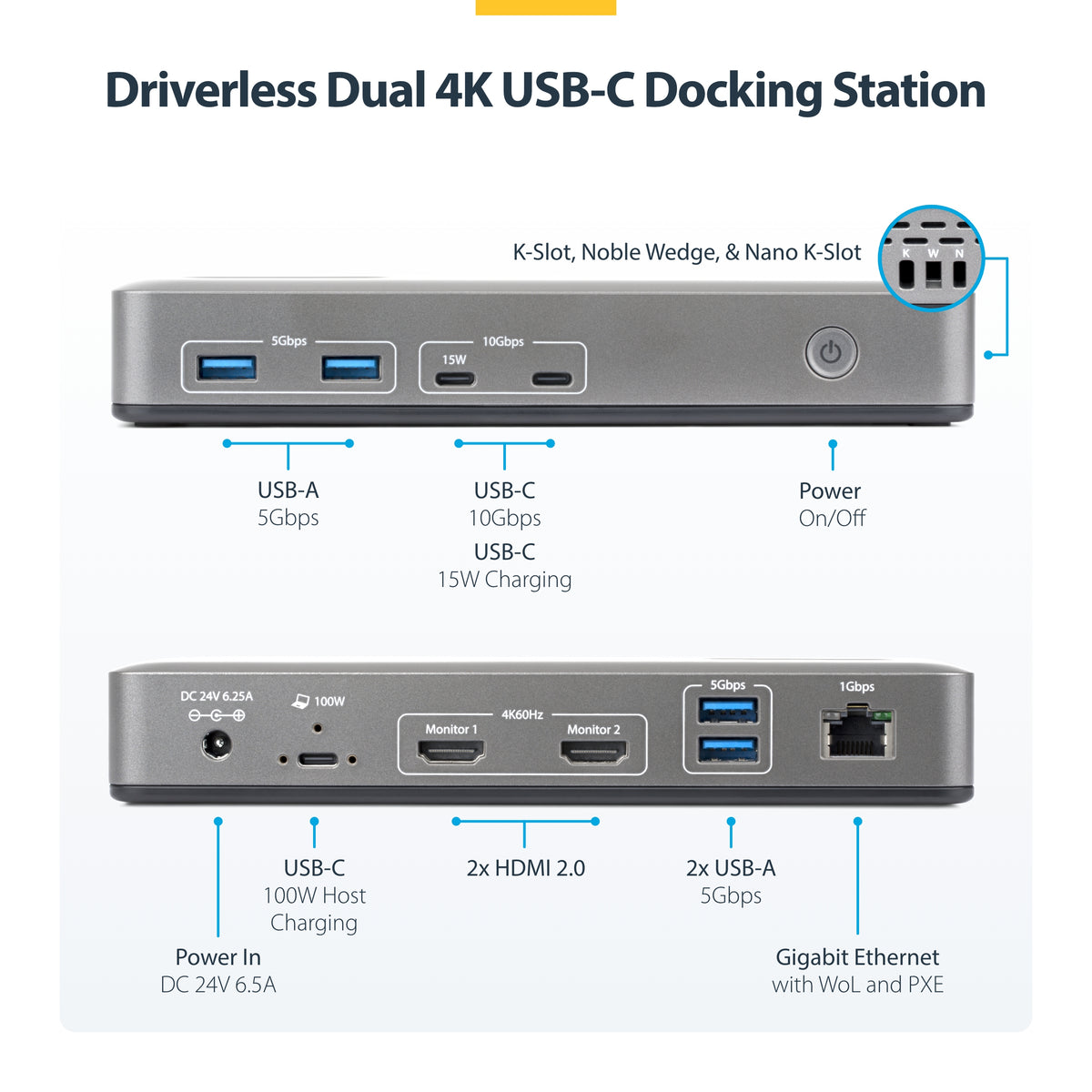 StarTech.com Dual-Monitor USB-C Docking Station, HDMI, 4K 60Hz, 100W Laptop Charging, 1GbE, Driverless, Multi-Monitor Dock For Windows