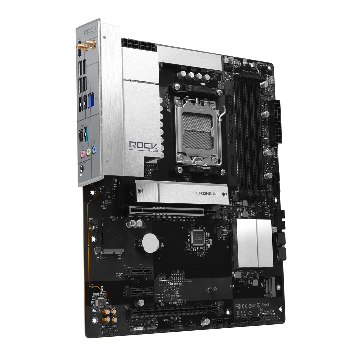 ASRock B850 Rock WiFi 7 AMD AM5 Socket Motherboard, ATX, 4x DDR5 Slots, 2x M.2 Socket, Fitted I/O Shield, 2.5GbE LAN, Wi-Fi 7, 1x HDMI Port