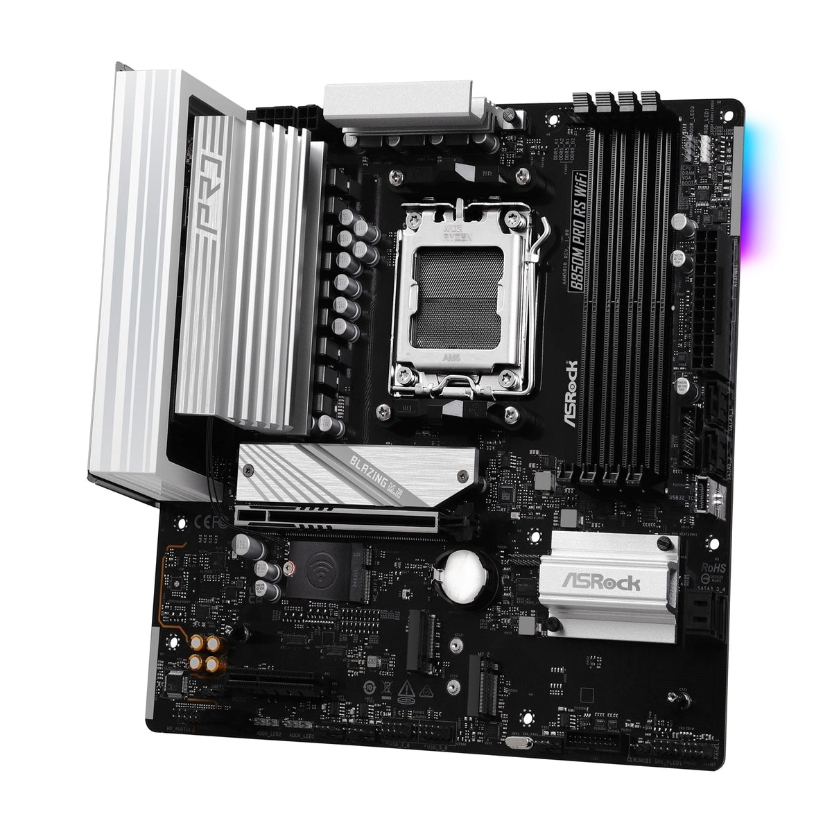 ASRock B850M Pro RS WiFi AMD AM5 Socket Motherboard, Micro-ATX, 4x DDR5 Slots, 3x M.2 Sockets, Fitted I/O Shield, 2.5GbE LAN, Wi-Fi 6E, 1x DisplayPort / 1x HDMI Port