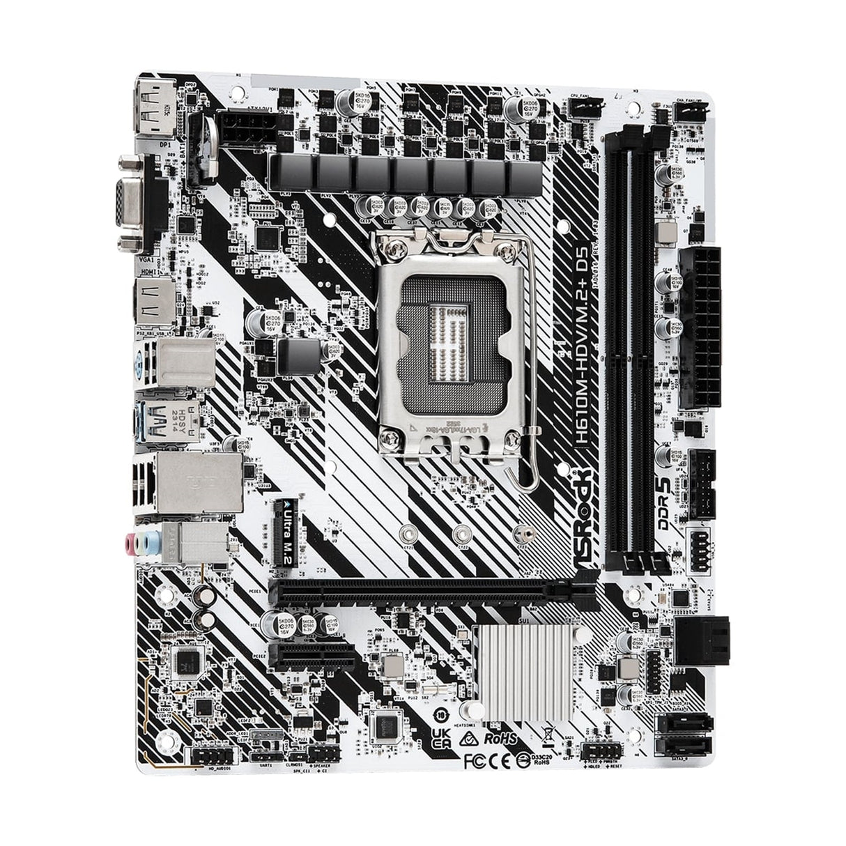 ASRock H610M-HDV/M.2+ D5 Intel 1700 Socket Motherboard, Micro-ATX, 2x DDR5 Slots, 1x M.2 Socket, 1x USB-C Port, GbE LAN, 1x D-Sub / 1x DisplayPort / 1x HDMI Port