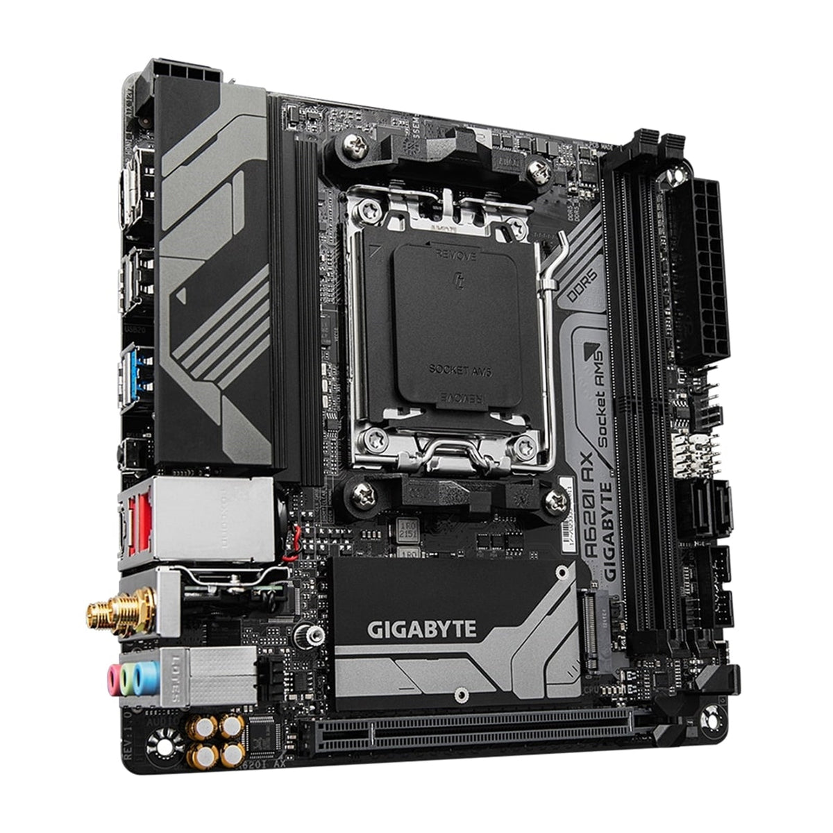 Gigabyte A620I AX (rev. 1.0) AMD AM5 Socket Motherboard, Mini-ITX, 2x DDR5 Slots, 1x M.2 Socket, 2.5GbE LAN, Wi-Fi 6E, 1 x DisplayPort / 1x HDMI Port