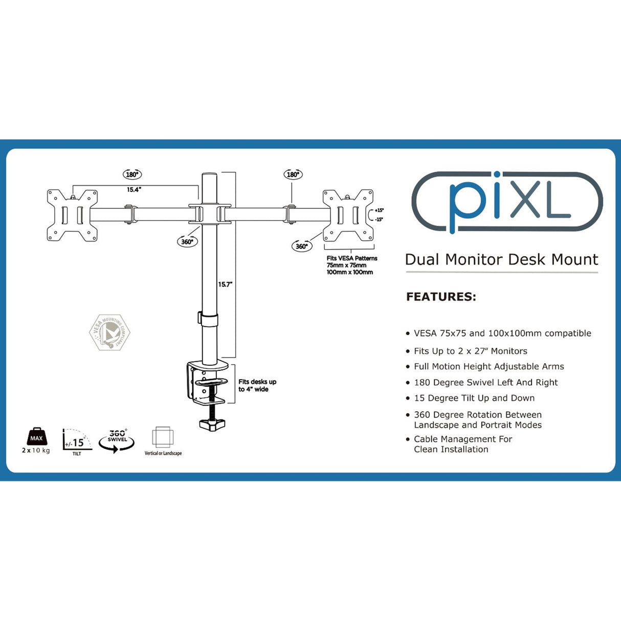 piXL Desk-Mounted Fully-Adjustable Dual Monitor Arm for Screens Up To 27 inch with VESA Mount & Built-In Cable Management