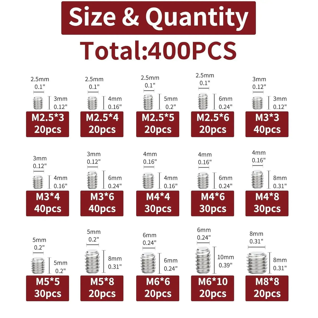 400pcs Grub Screw Assortment