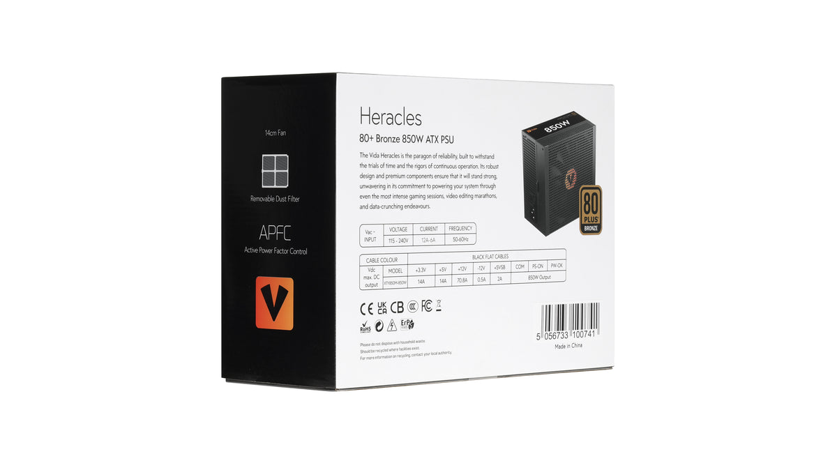 VIDA 850W Heracles Black ATX 3.1 Gaming PSU, 80+ Bronze, 14cm Ultra-Quiet FDM Fan, Flat Black Cables, PCIe 5.1, Power Lead Not Included power supply unit 24-pin ATX