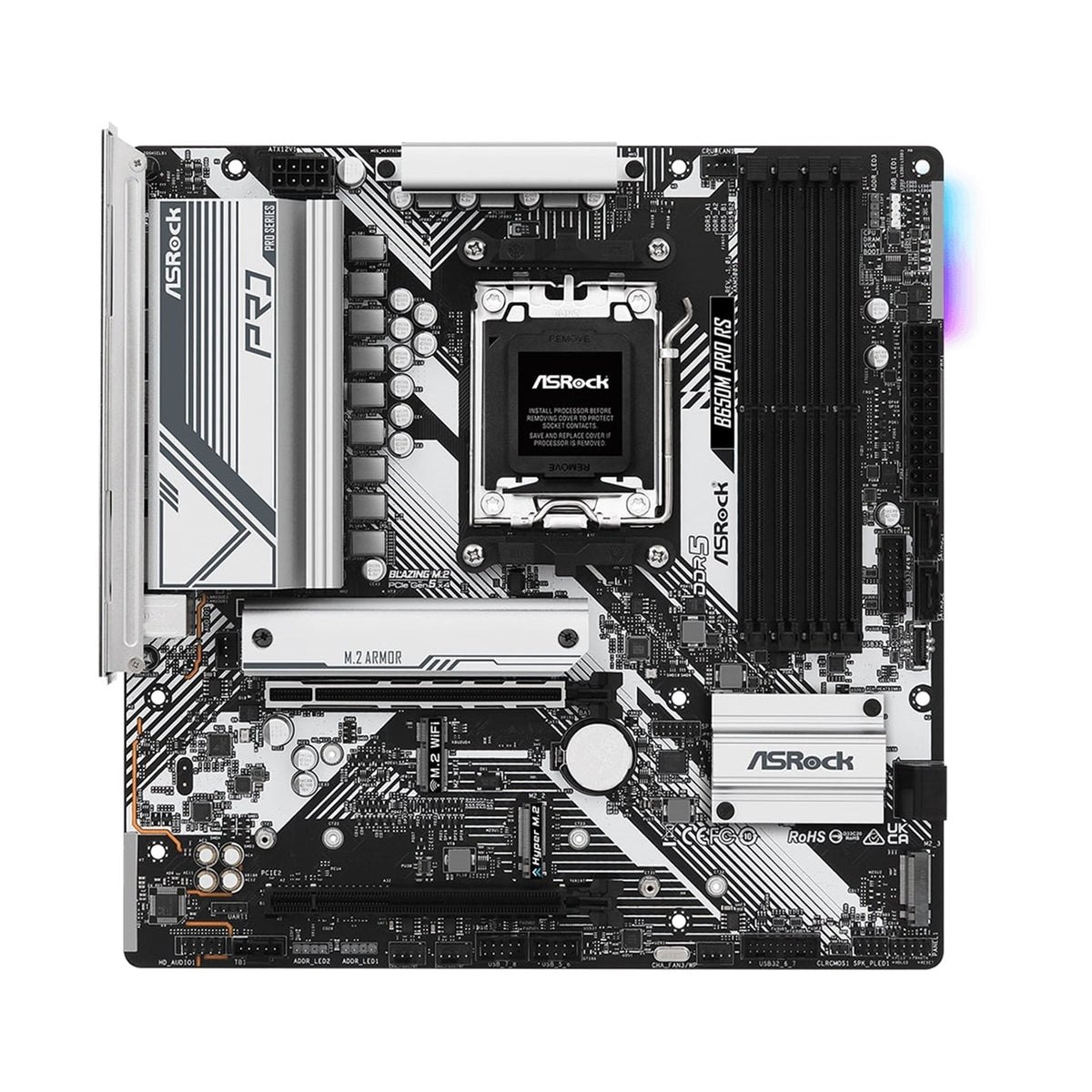 ASRock B650M Pro RS AMD AM5 Socket Motherboard, Micro-ATX, 4x DDR5 Slots, 3x M.2 Sockets, Fitted I/O Shield, 2.5GbE LAN, 1x DisplayPort / 1x HDMI Port