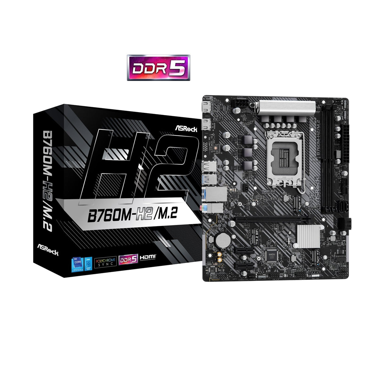 ASRock B760M-H2/M.2 Intel 1700 Socket Motherboard, Micro-ATX, 2x DDR5 Slots, 2x M.2 Socket, 2.5GbE LAN, 2x HDMI Port