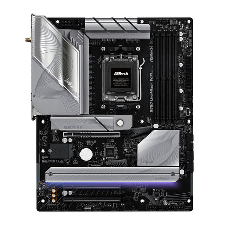 ASRock B850 LiveMixer WiFi AMD AM5 Socket Motherboard, ATX, 4x DDR5 Slots, 3x M.2 Sockets, Fitted I/O Shield, 2.5GbE LAN, Wi-Fi 7, 1x DisplayPort / 1x HDMI Port