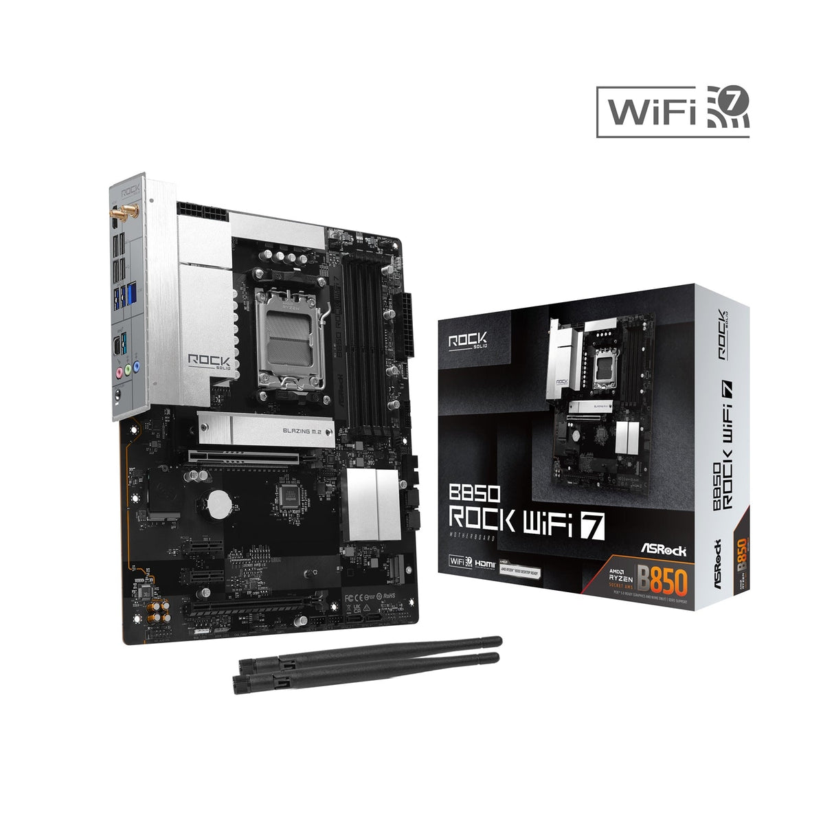 ASRock B850 Rock WiFi 7 AMD AM5 Socket Motherboard, ATX, 4x DDR5 Slots, 2x M.2 Socket, Fitted I/O Shield, 2.5GbE LAN, Wi-Fi 7, 1x HDMI Port