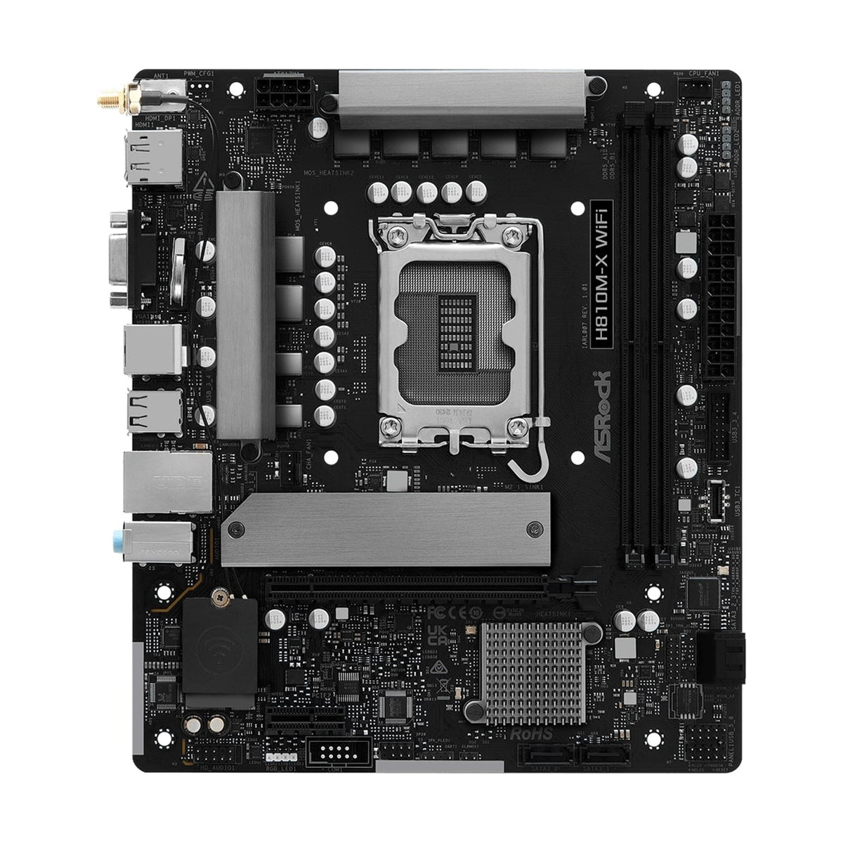 ASRock H810M-X WIFI Intel Socket 1851 Motherboard, 2x DDR5 DIMM Slots, 1x M.2 Socket, 2.5G LAN, WiFi 5, 1x HDMI Port / 1x DisplayPort