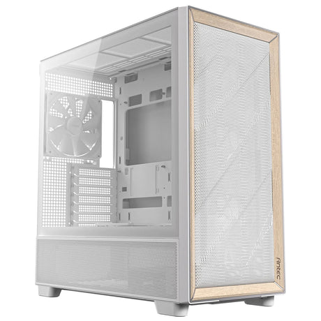 Antec FLUX Mid Tower PC Case - Tempered Glass, White/Wood, 5 PWM Fans, USB-C, E-ATX/ATX/mATX/ITX Compatibility