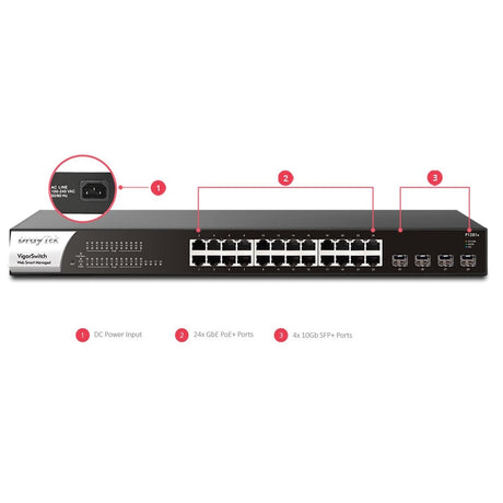 DrayTek VSP1281X-K VigorSwitch P1281x 24 Port Gigabit POE Smart Managed Switch with 4x 10GbE SFP Ports