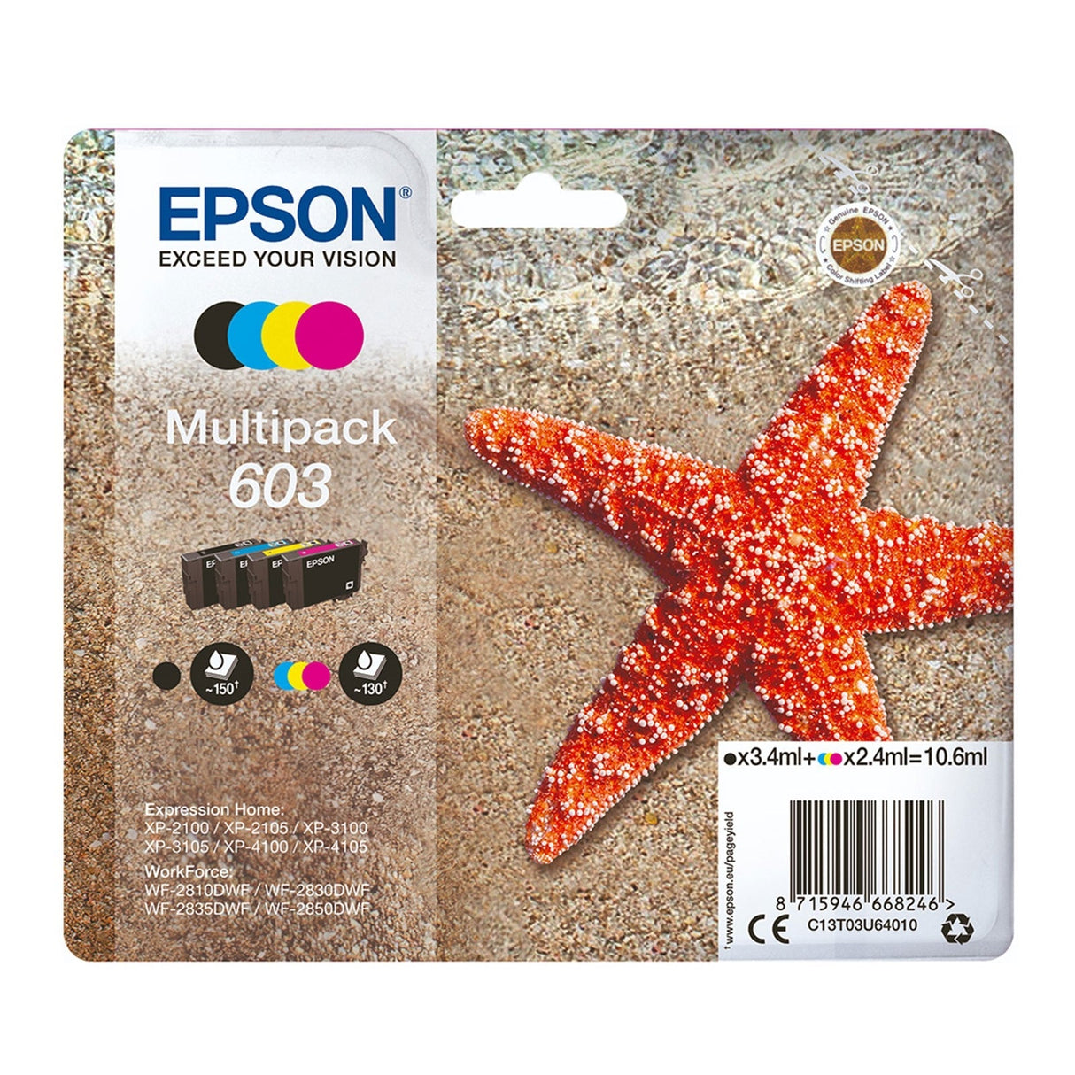 Epson C13T03U64010 603 Original Ink Cartridge Multipack CMY (130 Pages) K (150 Pages)