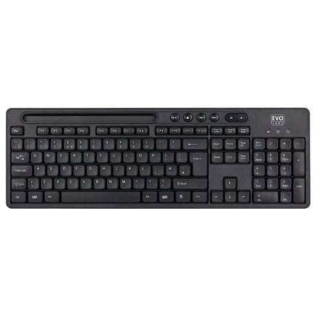 Evo Labs WM-757UK Wireless Keyboard and Mouse Combo Set, With Integrated Tablet/ Mobile/ Smartphone Stand, 2.4GHz Full Size Qwerty UK Layout Keyboard with Wireless Mouse, Ideal for Home/Office, Black