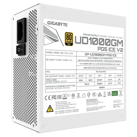 GIGABYTE UD1000GM PG5 1000W PSU V2, ICE, PCIe Gen 5.1, 80 PLUS Gold, Fully Modular Design, 120mm Fan, ATX 3.1 compatible, UK Plug