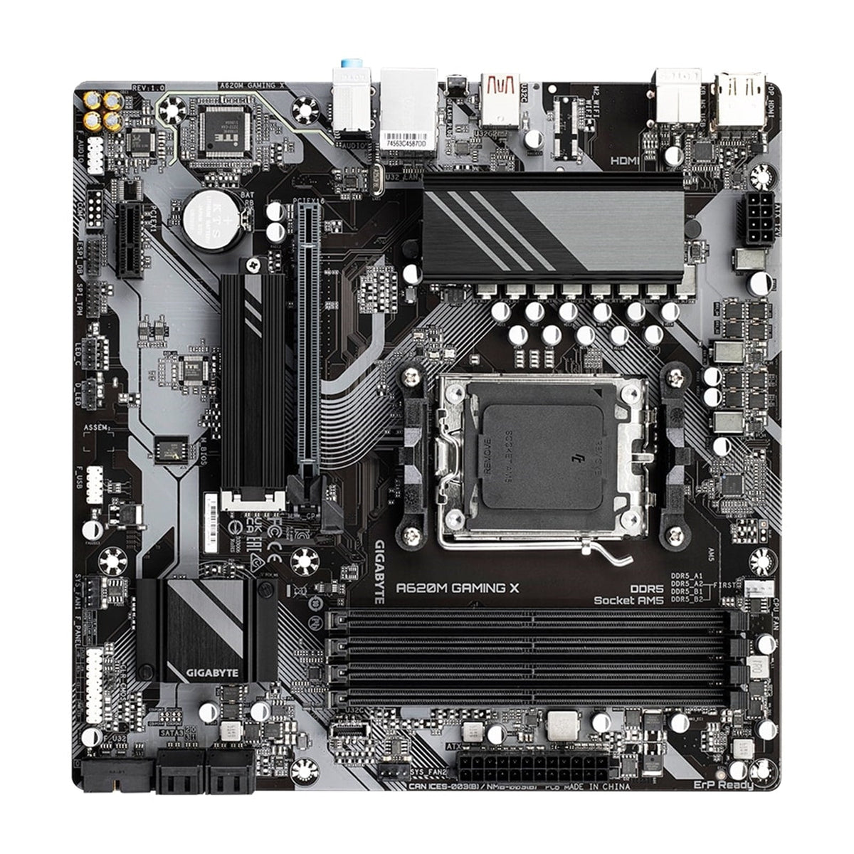 Gigabyte A620M GAMING X AMD AM5 Socket Motherboard, Micro-ATX, 4x DDR5 Slots, 1x M.2 Socket, GbE LAN, 1x DisplayPort / 1x HDMI Port