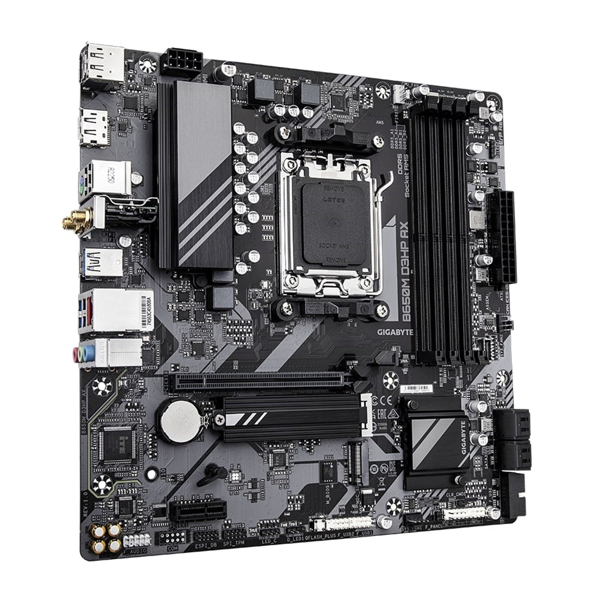 Gigabyte B650M D3HP AX Ultra Durable AMD AM5 Socket Motherboard, Micro-ATX, 4x DDR5 Slots, 2x M.2 Sockets, 2.5GbE LAN, Wi-Fi 6E, 2x DisplayPorts / 1x HDMI Port