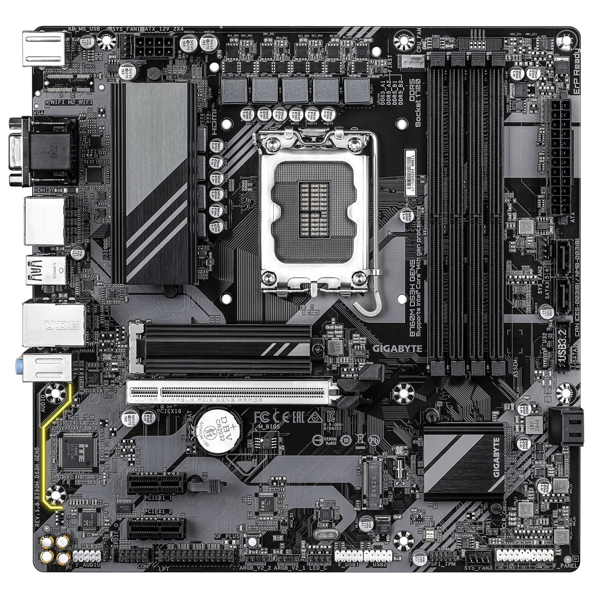 Gigabyte B760M DS3H GEN5 Intel Socket 1700 Motherboard, Micro ATX, 4x DDR5 Slots, 2x M.2 Sockets, 2.5GbE LAN, 1x D-Sub / 1x DisplayPort / 1x HDMI Port