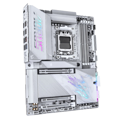 Gigabyte X870E AORUS PRO X3D ICE AMD AM5 Socket Motherboard, ATX, 4x DDR5 Slots, 4x M.2 Sockets, Fitted I/O Shield, 5GbE LAN, Wi-Fi 7, 1x HDMI Port / 2x USB-C (USB4)