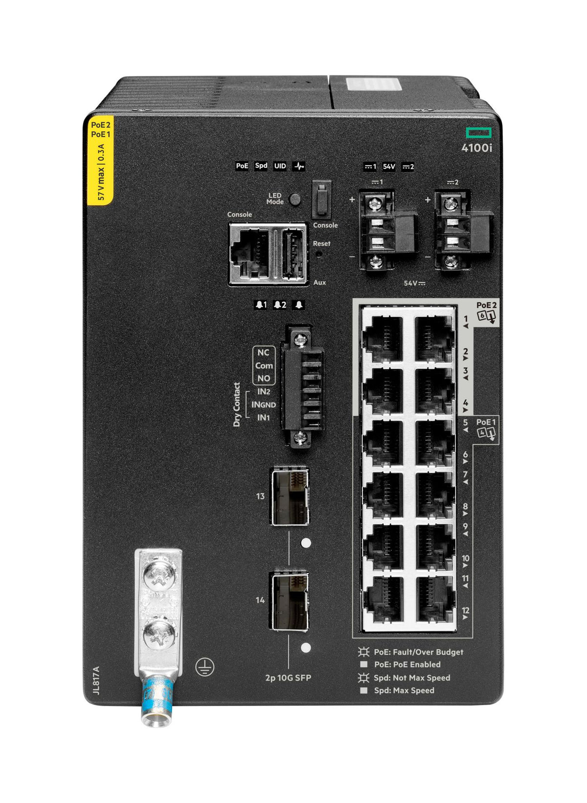 Hewlett Packard Enterprise Aruba 4100i 12-port 1GbE (8-port Class 4 POE and 4-port Class 6 POE) 2-port SFP+ DIN Mount Switch