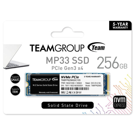 Team MP33 (TM8FP6256G0C101) 256GB NVMe M.2 Interface, PCIe Gen3, 2280, Read 1600MB/s, Write 1000MB/s, 3 Year Warranty