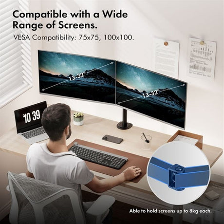 VonHaus Dual Monitor Stand for 13-32 Inch Screens, Twin Monitor Mount with Desk Clamp, Height Adjustable, Easy Assemble Stand with Full Tilt, Rotation & Swivel Arms, VESA 75x75 & 100x100mm