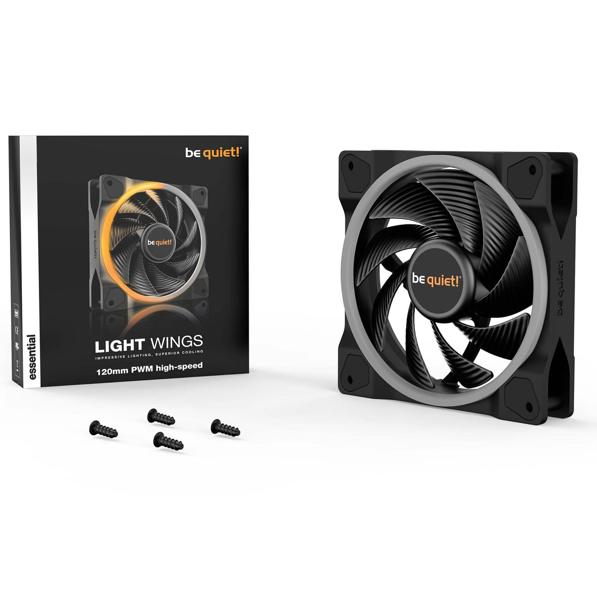 be quiet! Light Wings PWM High Speed Addressable RGB Fan, 120mm, 2500RPM, 4-Pin PWM Fan & 3-Pin ARGB Connectors, Black Frame, Black Blades, ARGB Lighting on Front & Rear