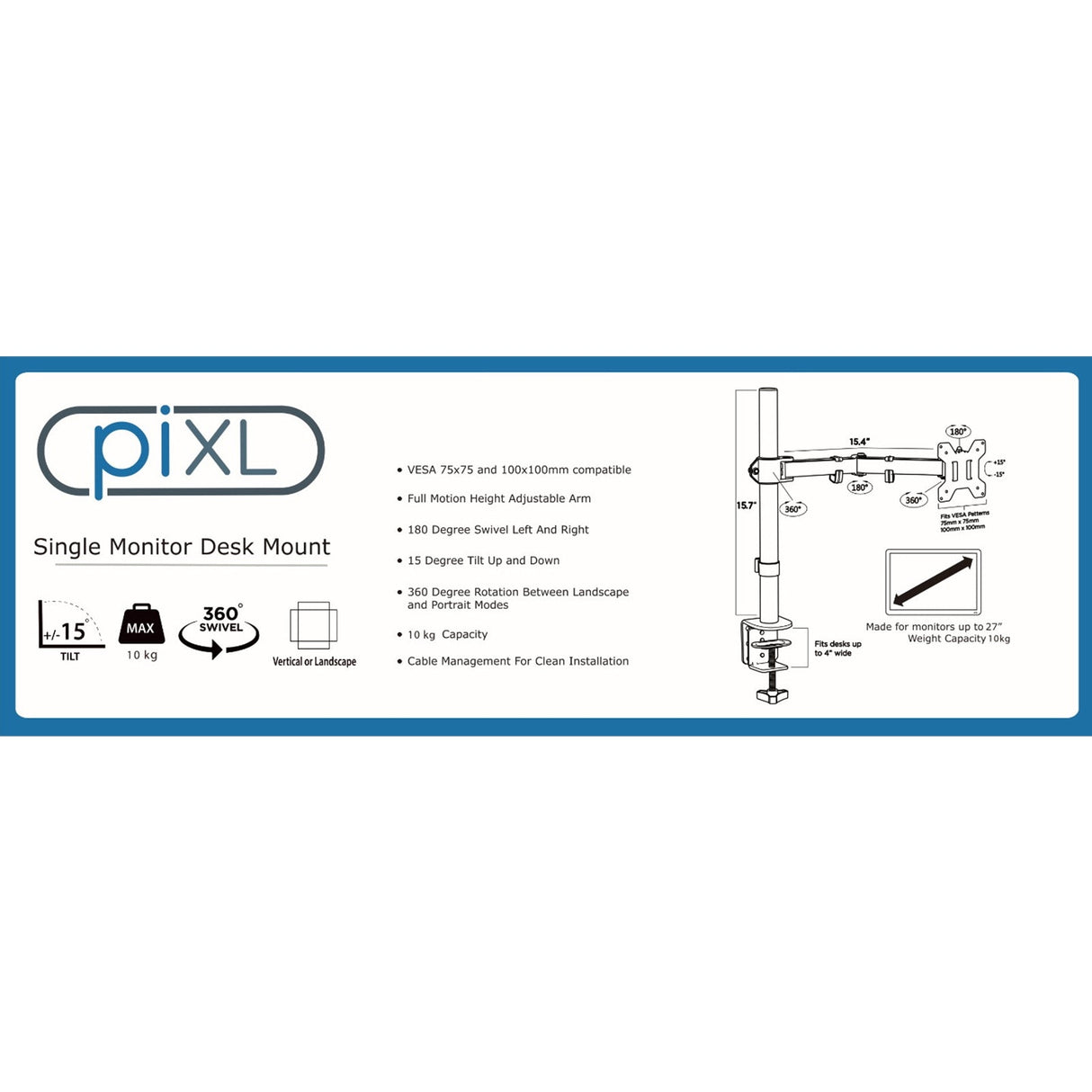piXL Desk-Mounted Fully-Adjustable Single Monitor Arm for Screens up to 32 inch with VESA Mount & Built-In Cable Management