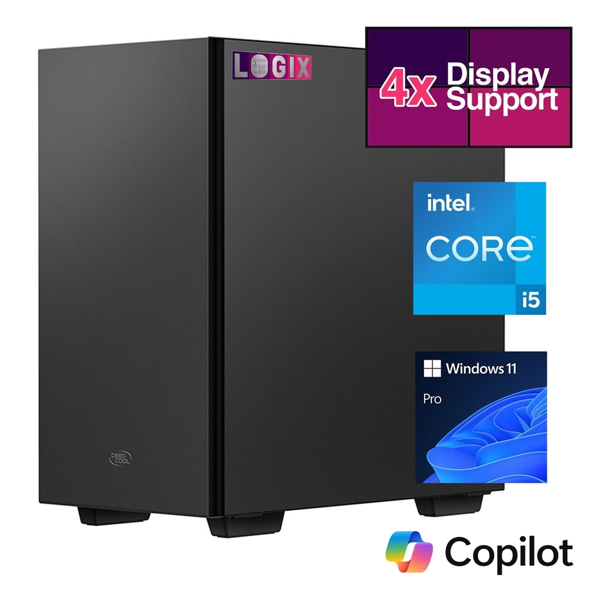 LOGIX Micro Tower - Designed for CCTV Use - Intel i5 Processor, 16GB Kingston Memory, 500GB Kingston SSD, Output to 4 Monitors, with Dual LAN, Windows 11 Pro